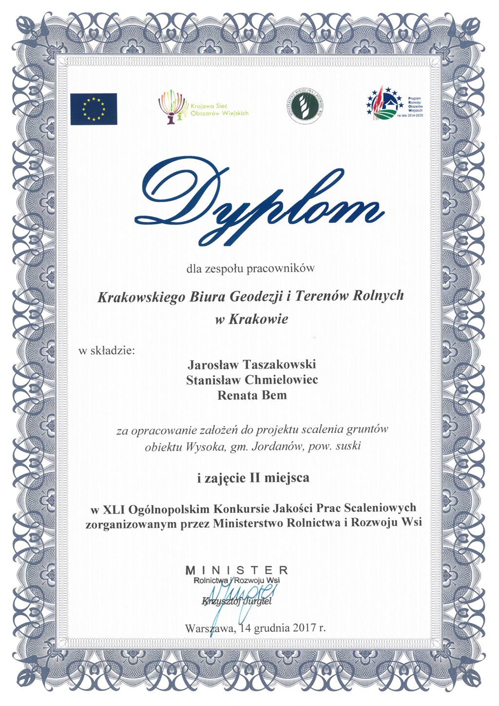 Dyplom za zajęcie II&nbspmiejsca dla zesp. prac. za wyk. projektu scalenia gruntów ob. STRZELCE