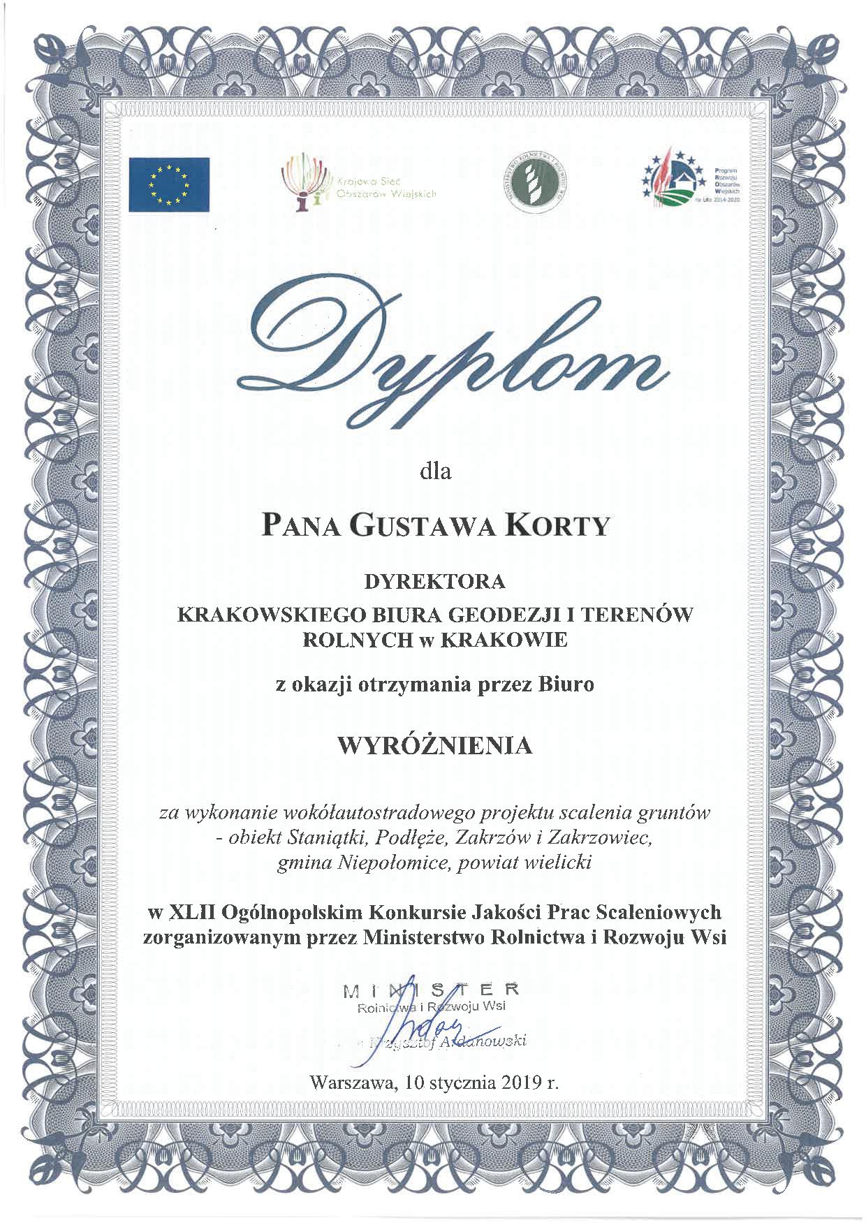 Dyplom za zajęcie II miejsca dla Dyrektora oraz zespołu pracowników Krakowskiego Biura Geodezji i Terenów Rolnych w Krakowie