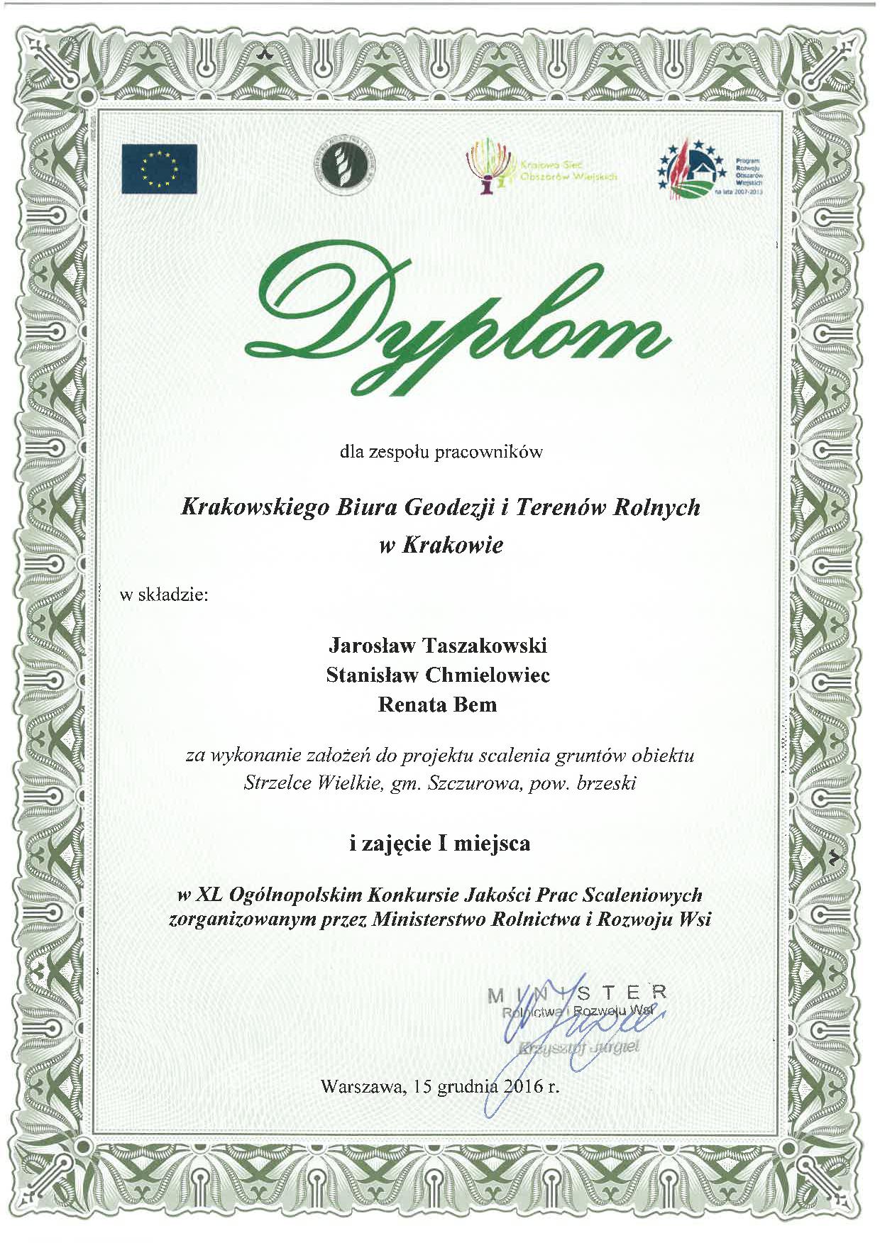 Dyplom za zajęcie i&nbspmiejsca dla zesp. prac. za wyk. projektu scalenia gruntów ob. STRZELCE