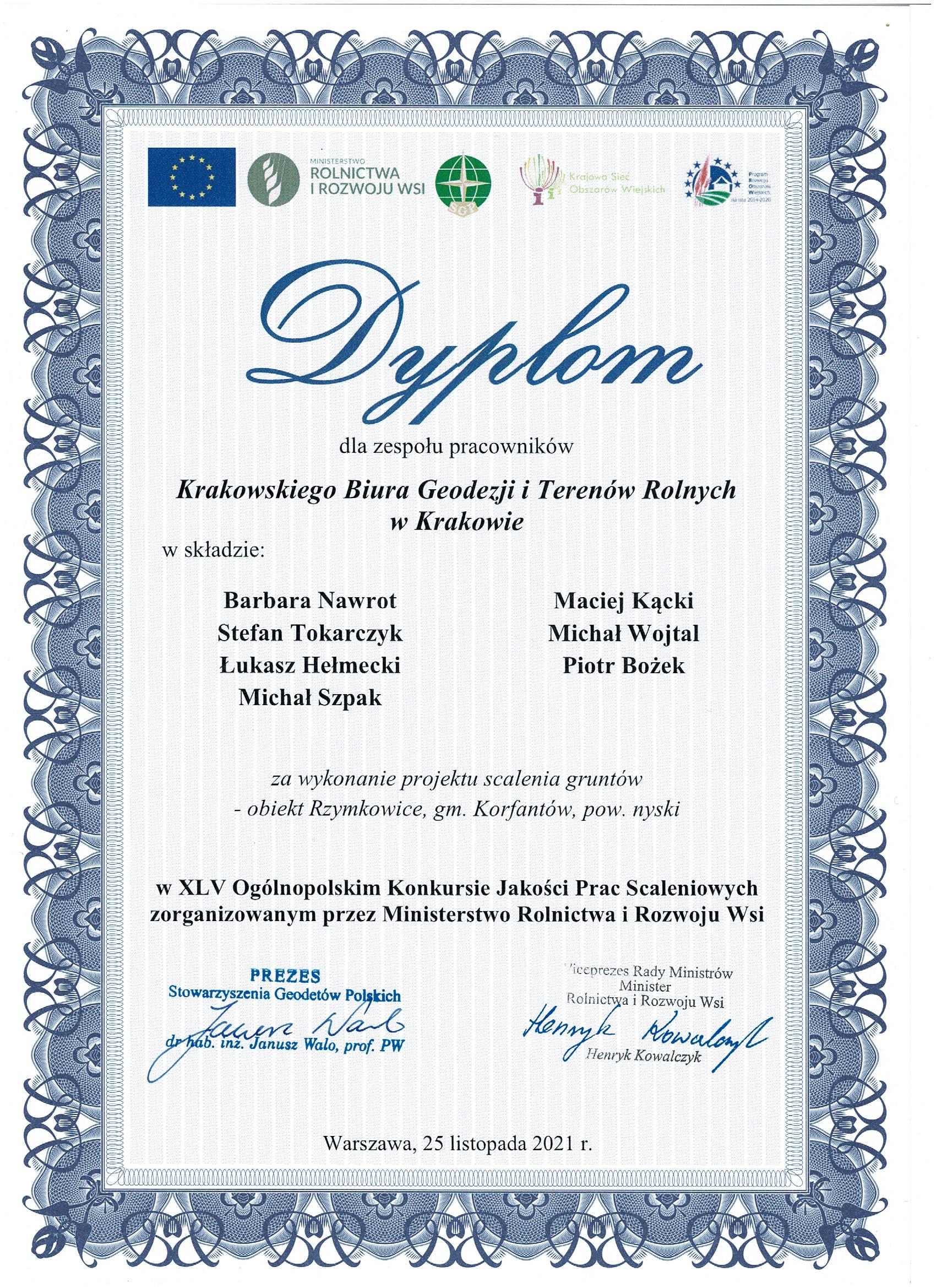 Wyróżnienia za wykonanie projektu scalenia gruntów - obiekt Rzymkowice, gmina Korfantów