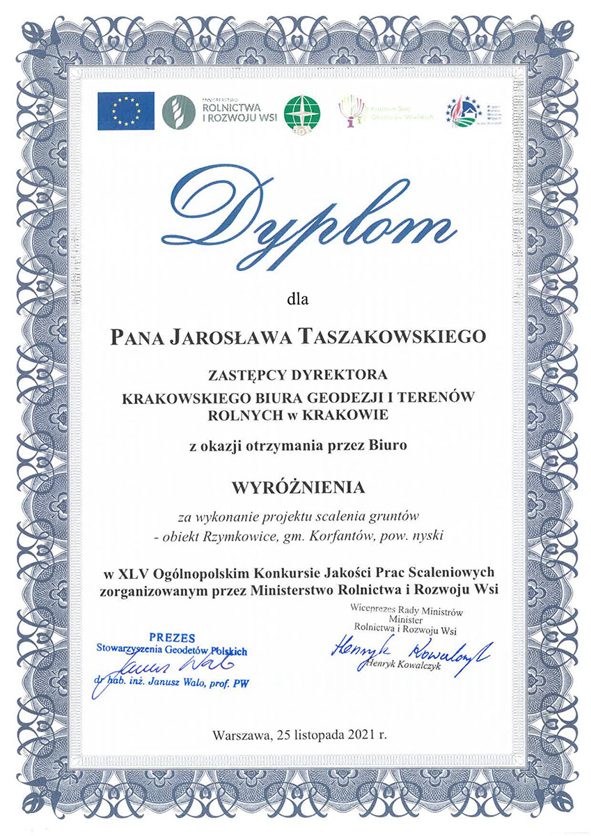 Dyplom J. Taszakowski wyróżnienie 2021r. Rzymkowice