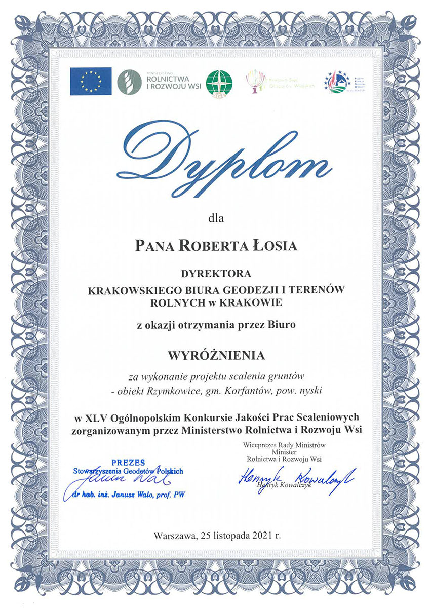 Dyplom R. Łoś wyróżnienie 2021r. Rzymkowce