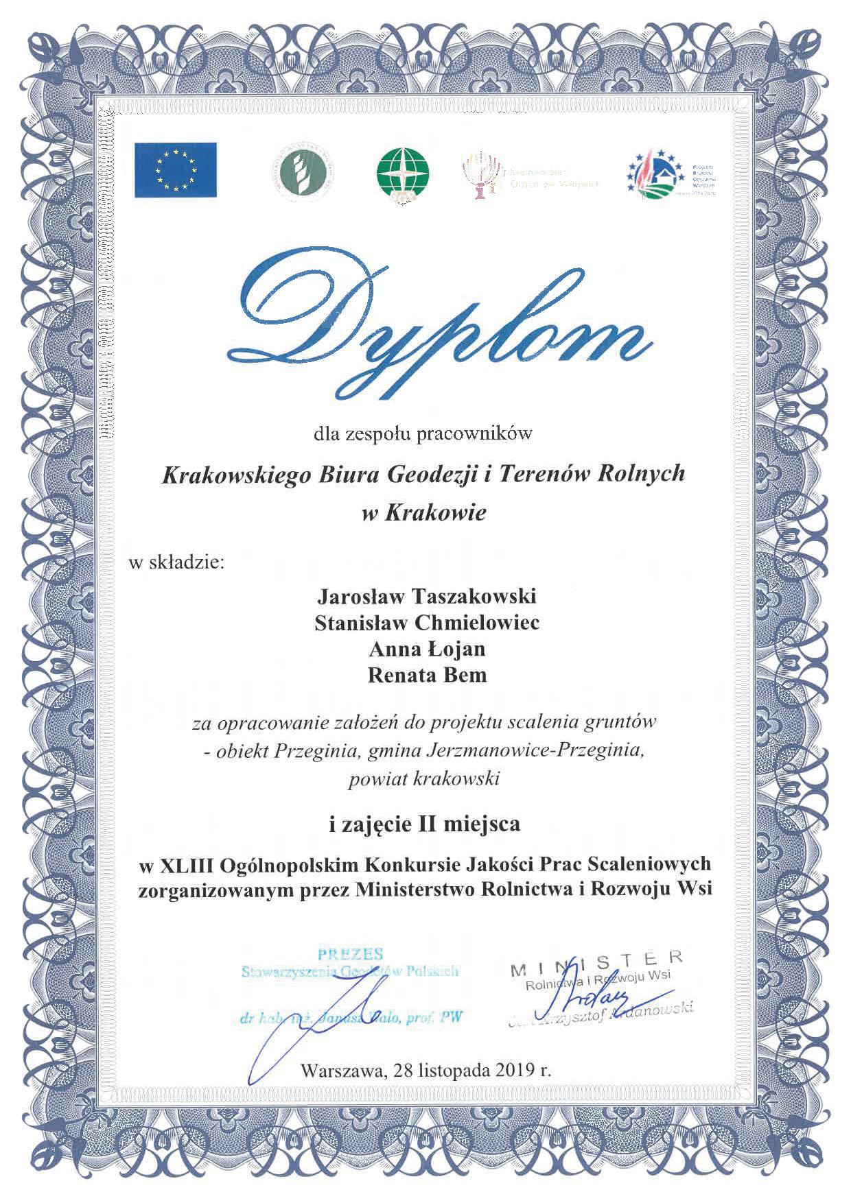 Dyplom dla Zespołu Pracowników KBGiTR za wykonanie wokółautostradowego projektu scalenia STANIĄTKI, PODŁĘŻE, ZAKRZÓW, ZAKRZOWIEC, XLII Konkurs, 10.01.2019r.