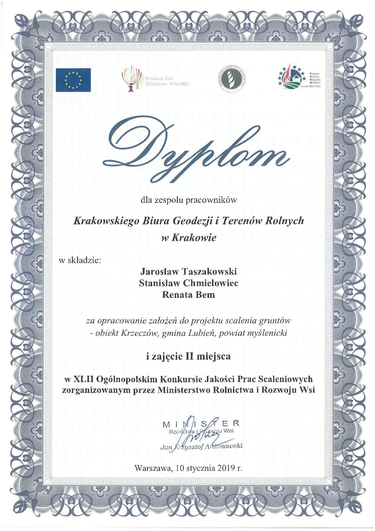 Dyplom za zajęcie II miejsca dla Dyrektora oraz zespołu pracowników Krakowskiego Biura Geodezji i Terenów Rolnych w Krakowie