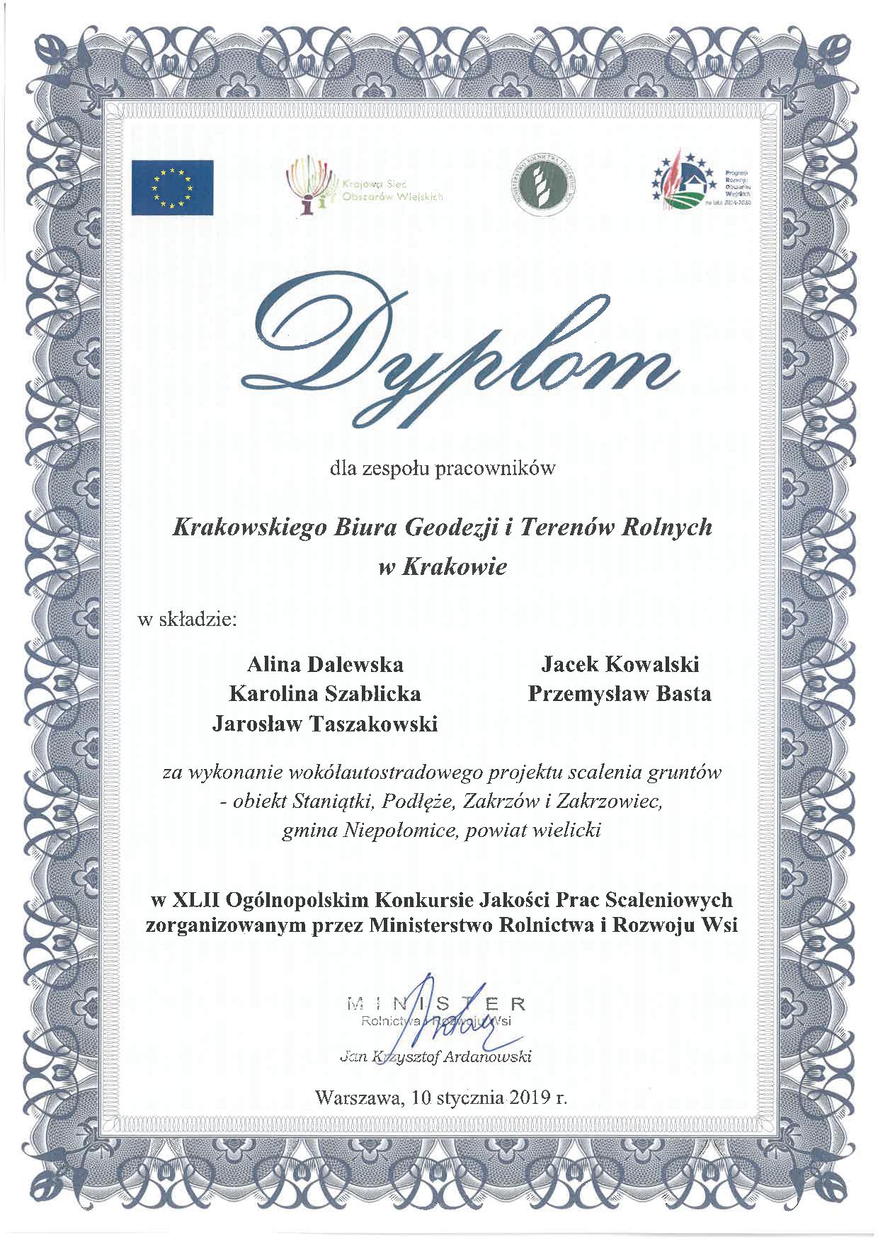 Dyplom za zajęcie II miejsca dla Dyrektora oraz zespołu pracowników Krakowskiego Biura Geodezji i Terenów Rolnych w Krakowie